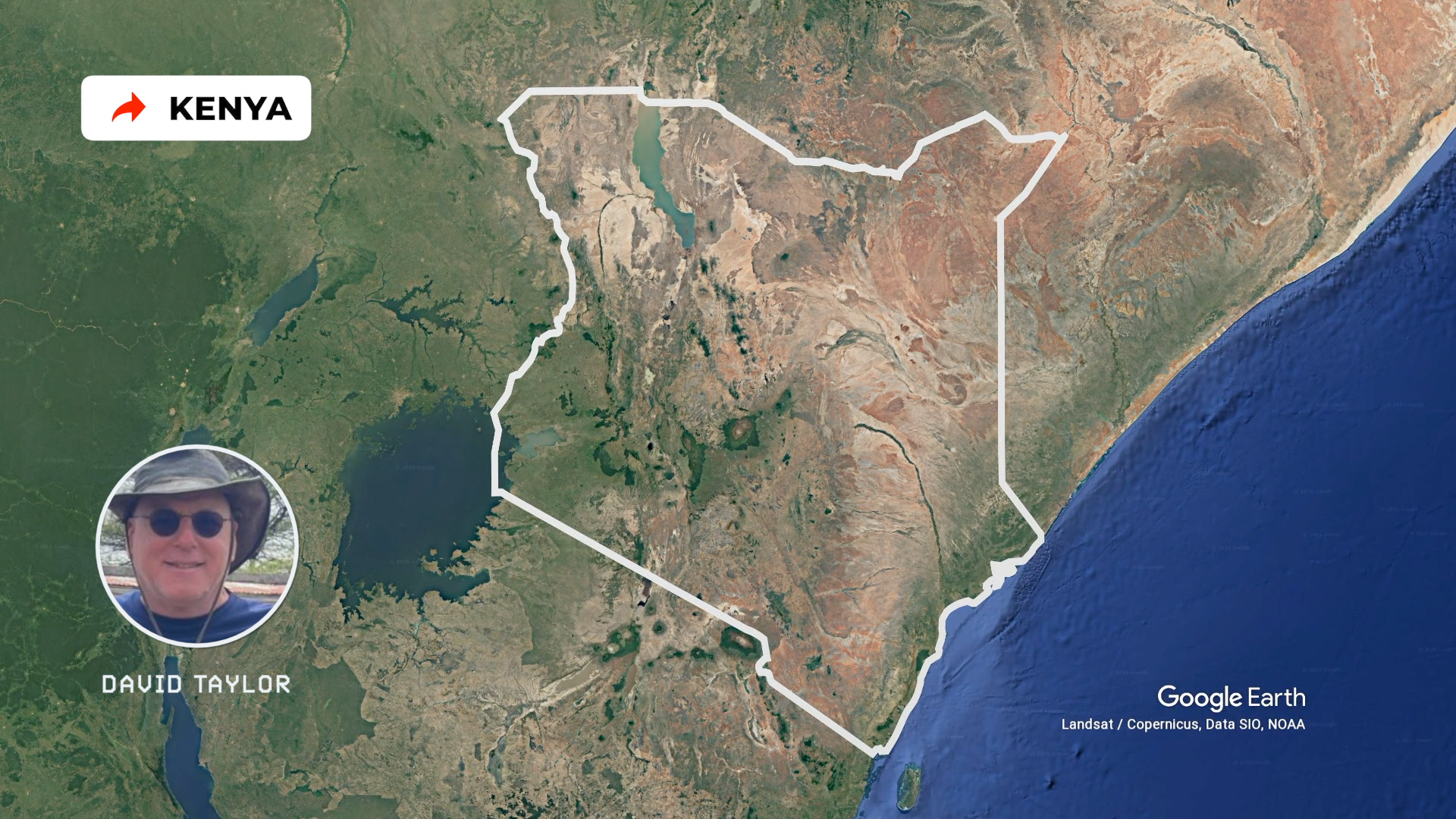 Map showing the outline of Kenya with a white border, highlighting lakes and rivers, with a photograph of a smiling man wearing sunglasses and a hat labeled David Taylor in the bottom left corner. The background features a satellite image of the terrain, and the image credits to Google Earth, Landsat, Copernicus, Data SIO, and NOAA.