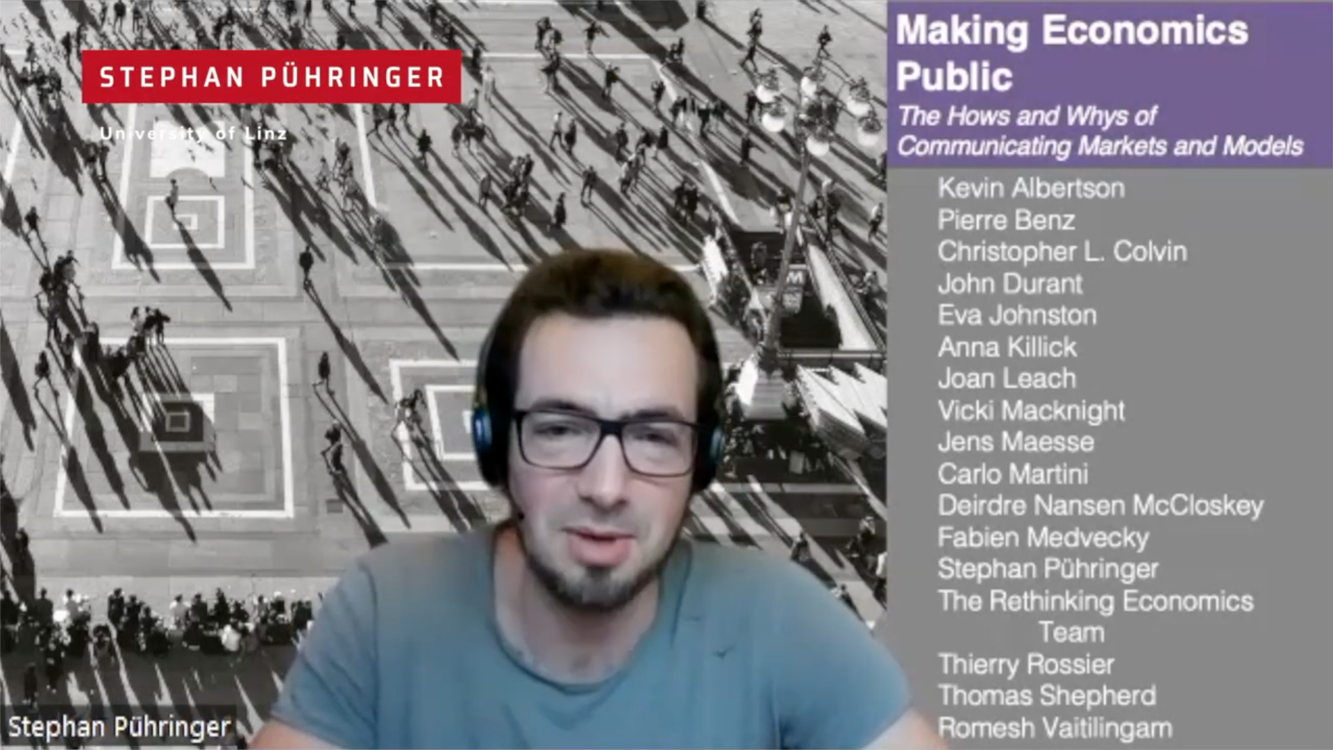 A man with glasses and headphones sitting in front of a virtual background featuring an aerial view of a crowded public square with people casting long shadows. To the right, there is a list of authors for a publication titled "Making Economics Public".