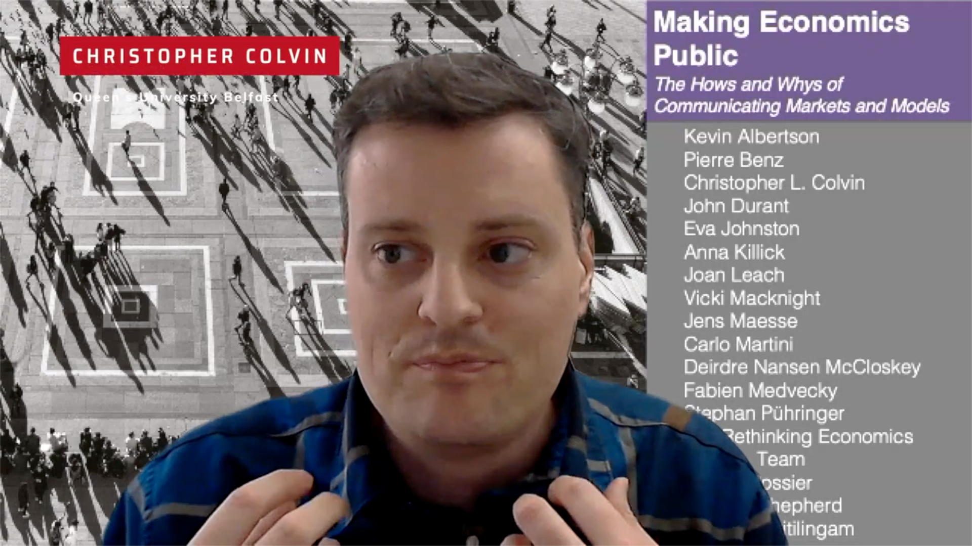 A man with short brown hair adjusting his shirt in front of a background collage of people walking and shadows, with a purple sidebar displaying the title "Making Economics Public" and a list of authors.