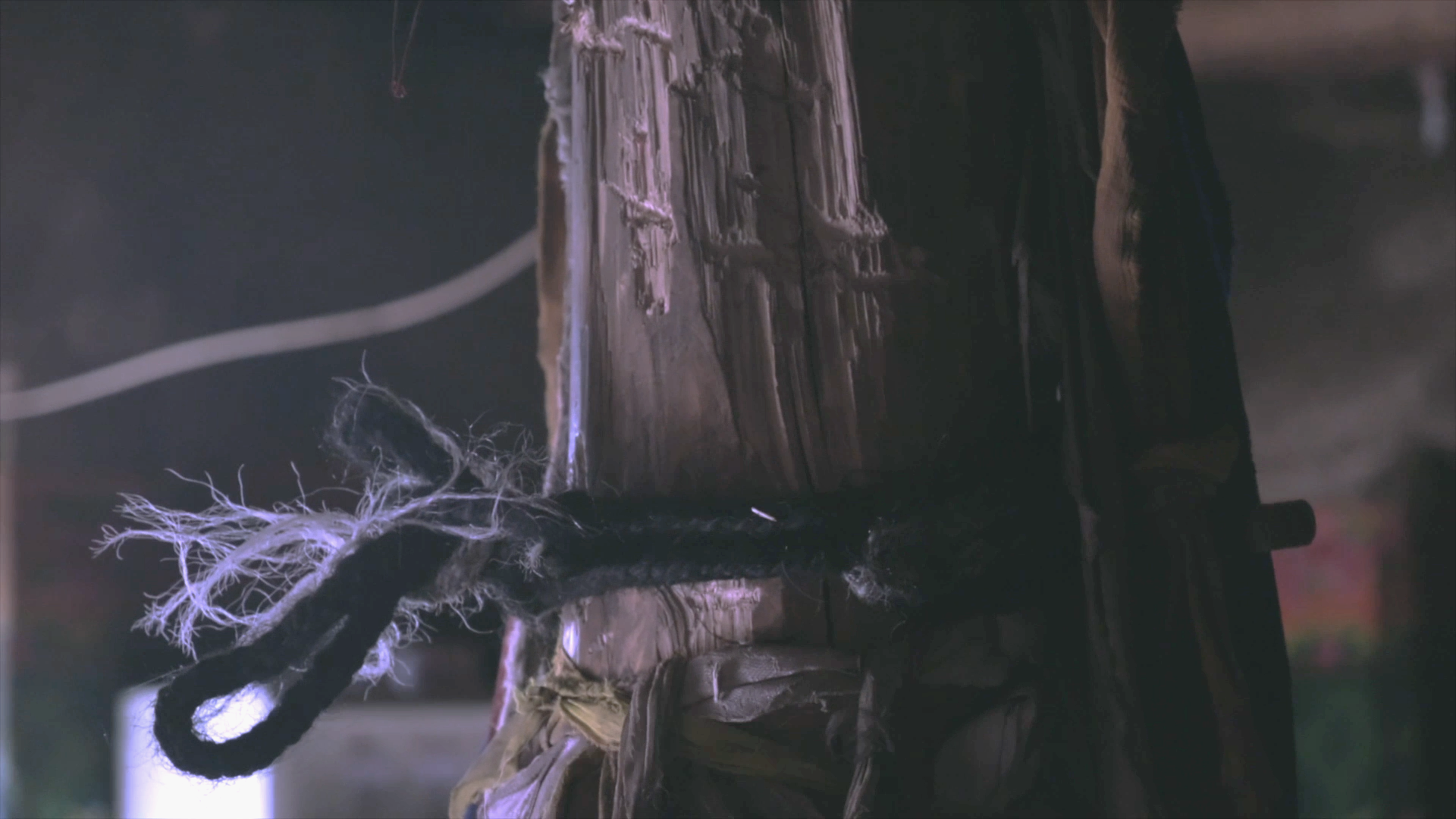 Wooden pillar with bear claw marks in Tibet