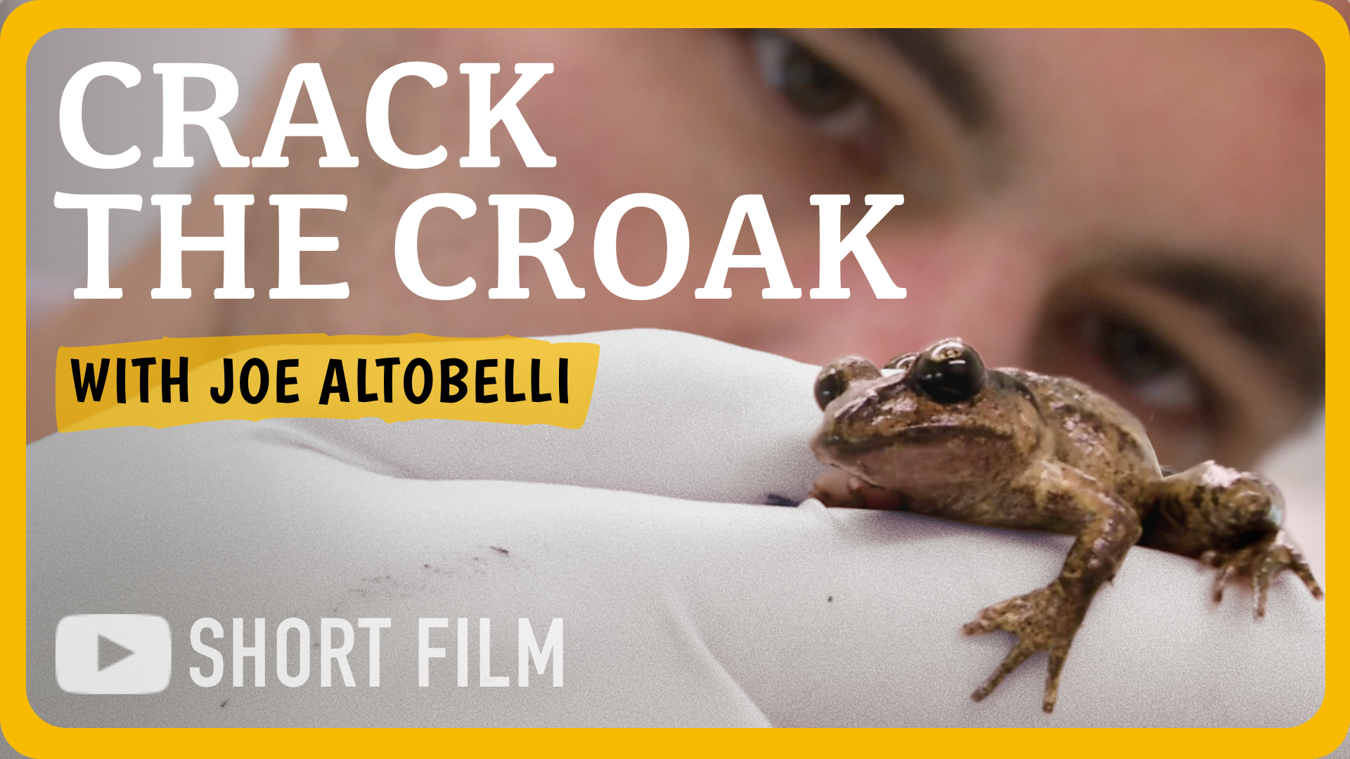 Close-up of a person with a frog on a white surface, with large text overlay saying 'Crack the Croak' and smaller text 'With Joe Altobelli', and a YouTube icon with the words 'Short Film'.