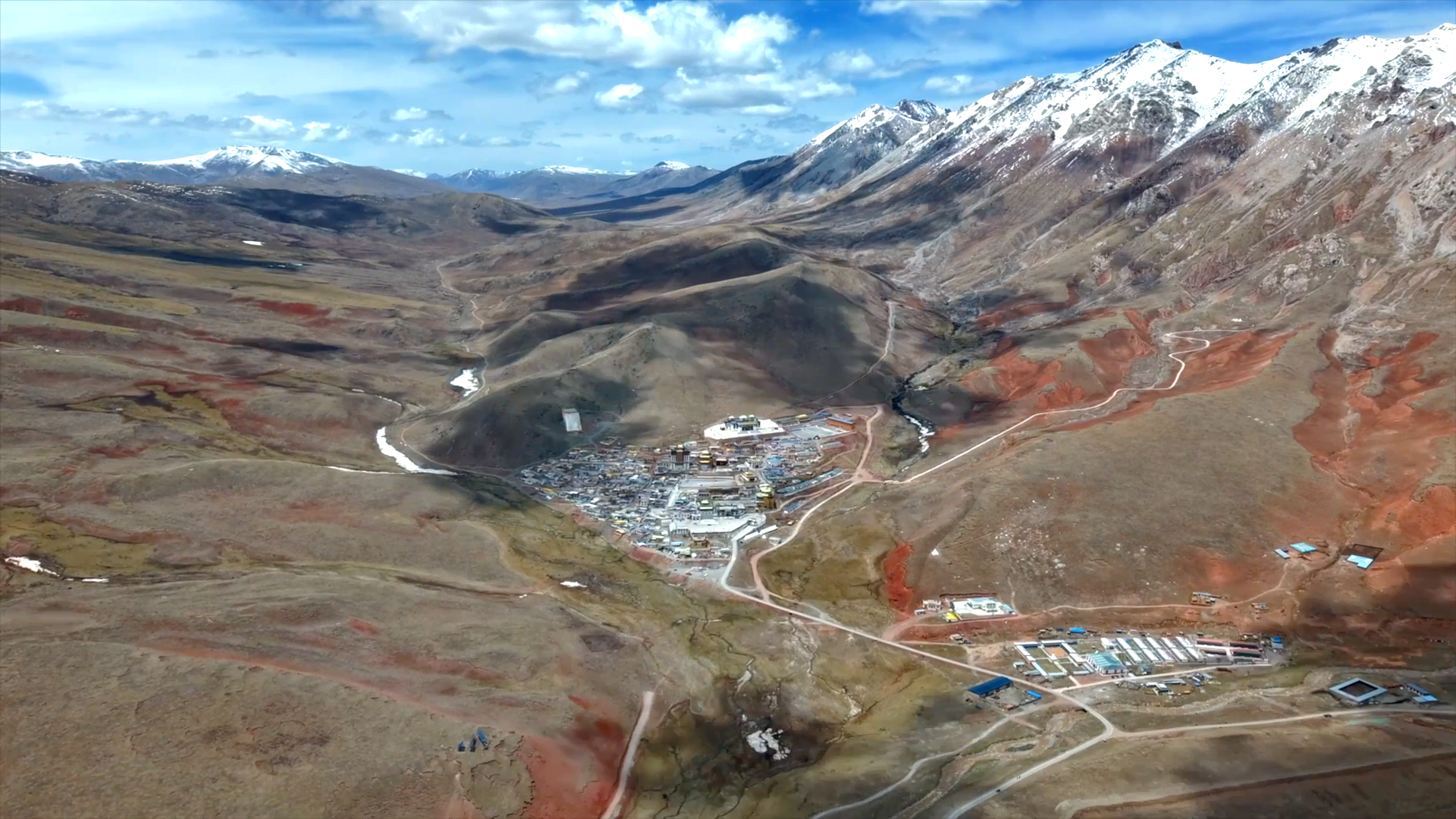 Aerial view of a town up in the Tibetan plateau