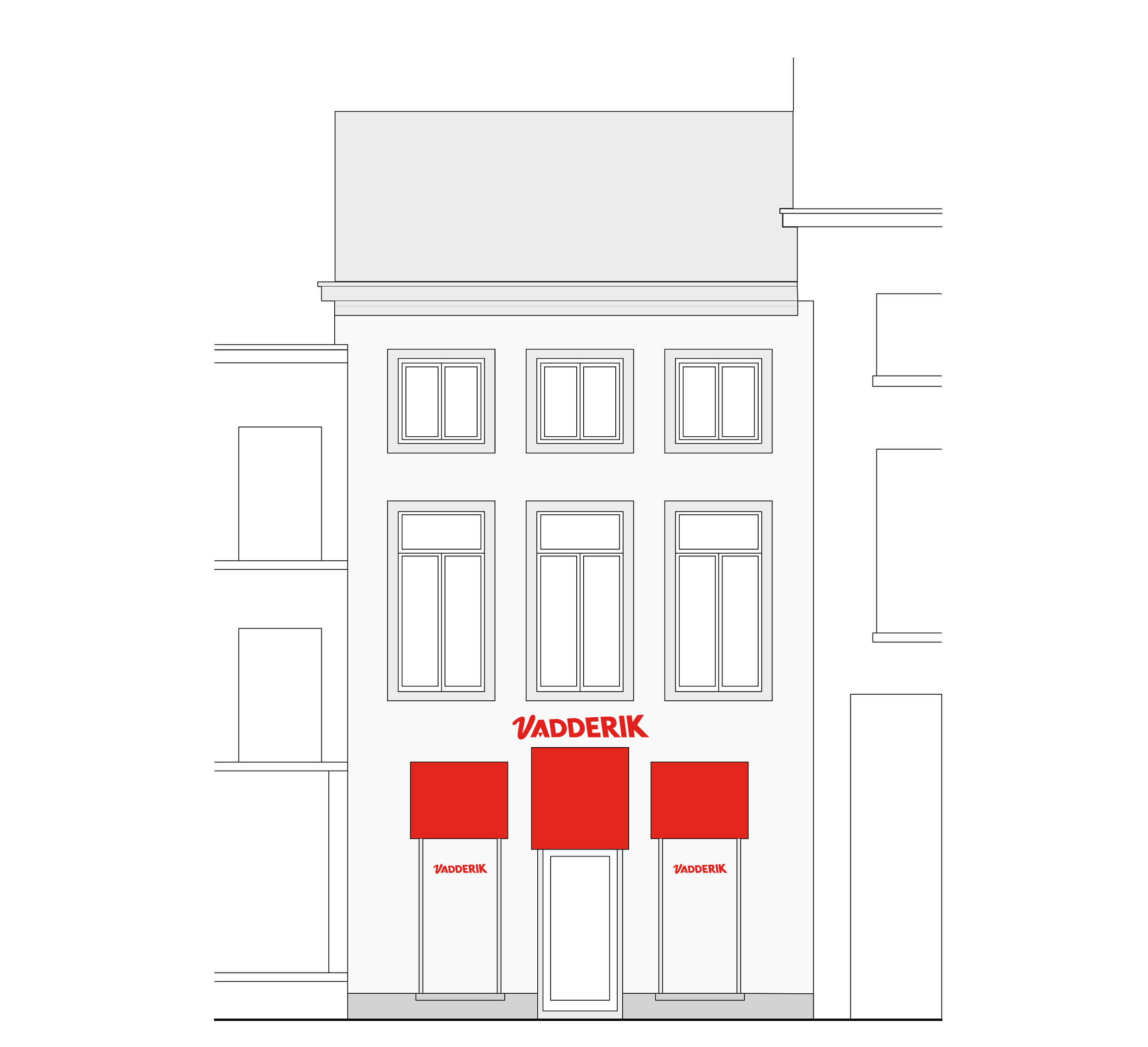 A sheet of paper with the word 'VADDERIK' in red letters at the bottom, featuring a design with white spaces, black outlines, and red rectangles, resembling an architectural or game plan.