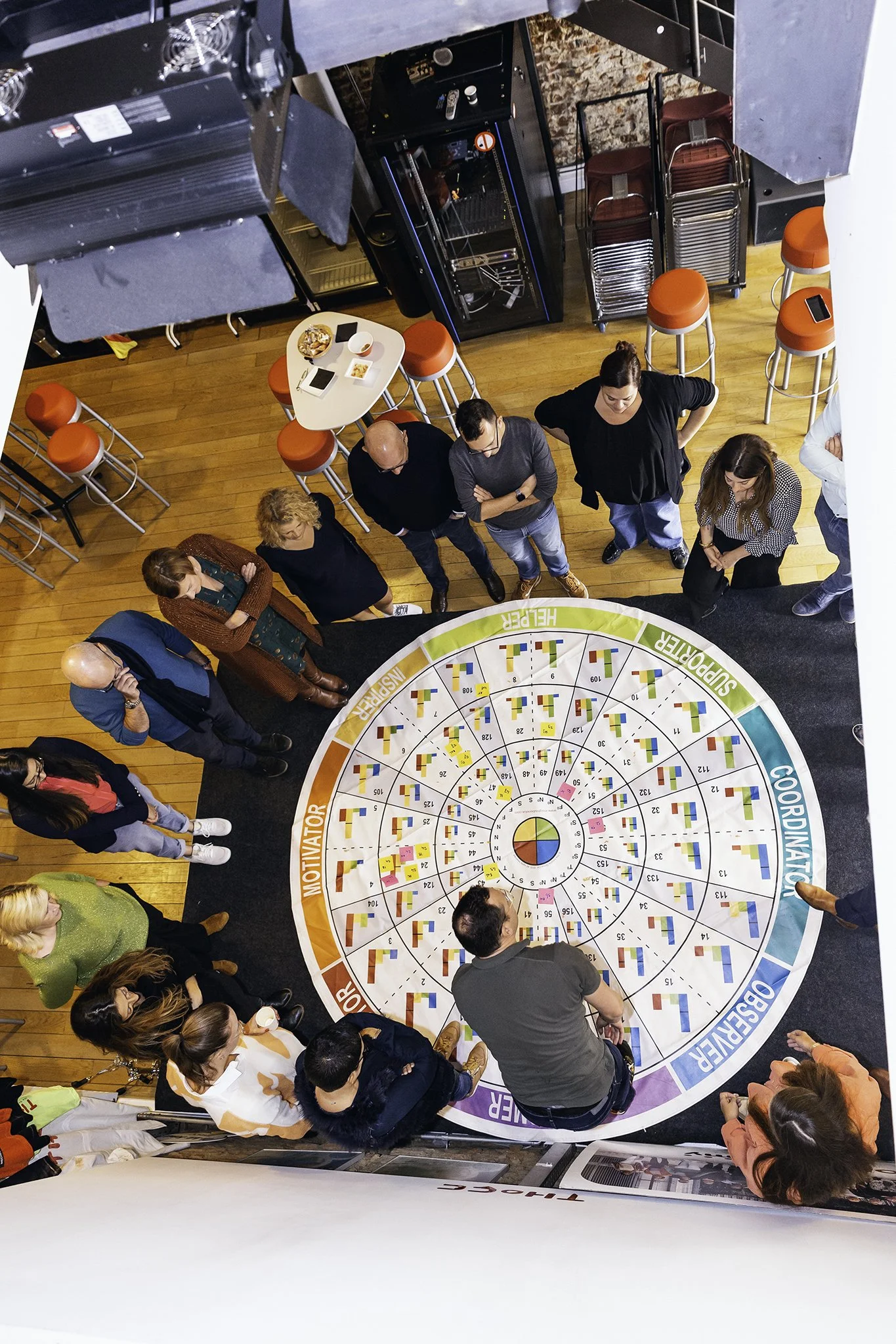 Group of people gathered around a large circular chart on the floor, discussing or observing it; the chart has colorful segments and adjacent text labels.