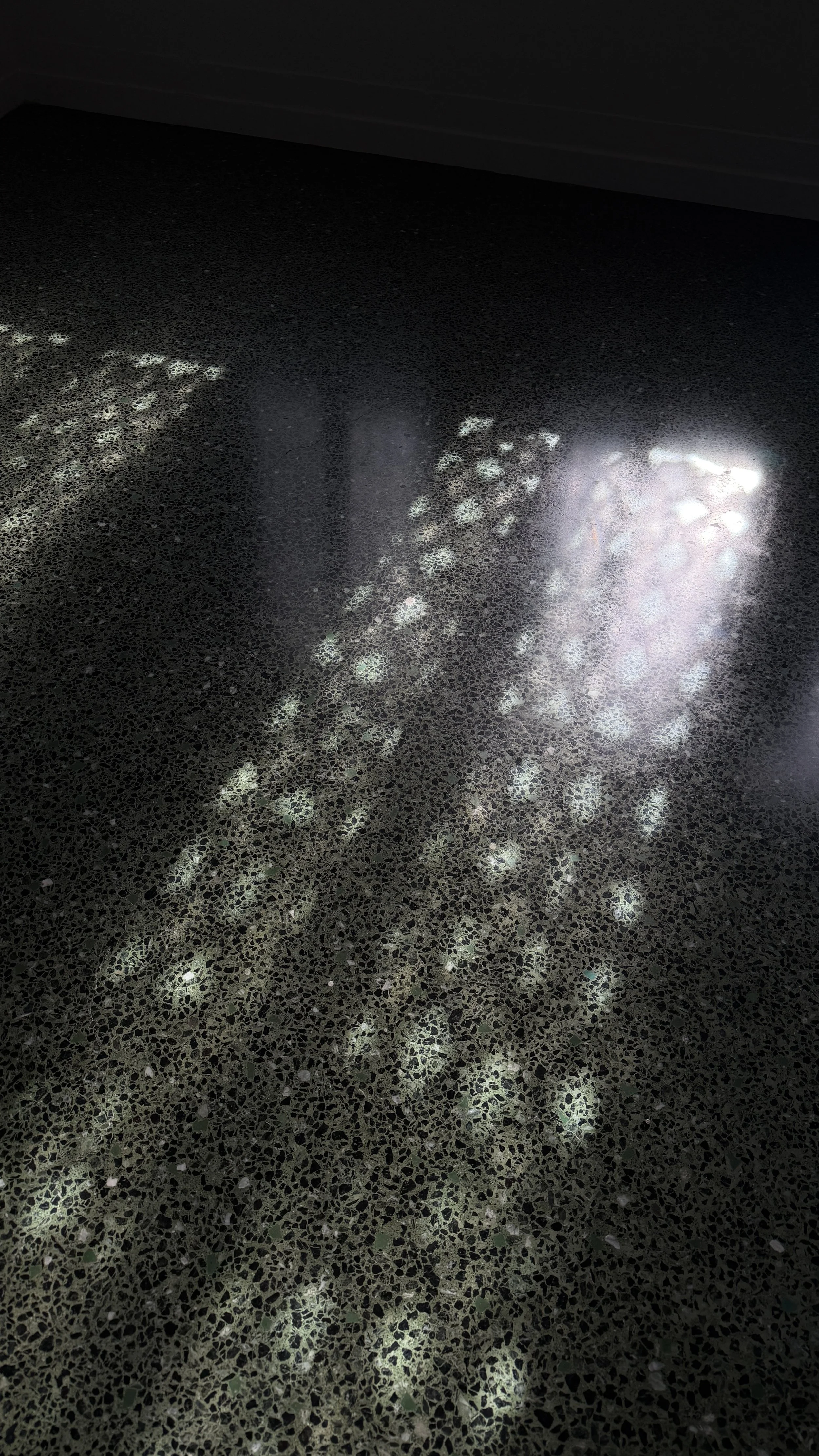 Light reflected through a perforated surface creating intricate patterns on a dark floor.