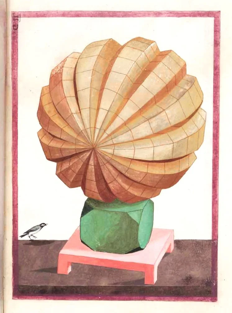A geometric sculpture resembling a stylized flower with peach and beige petals, mounted on a green base on a pink pedestal, with a small bird standing nearby.