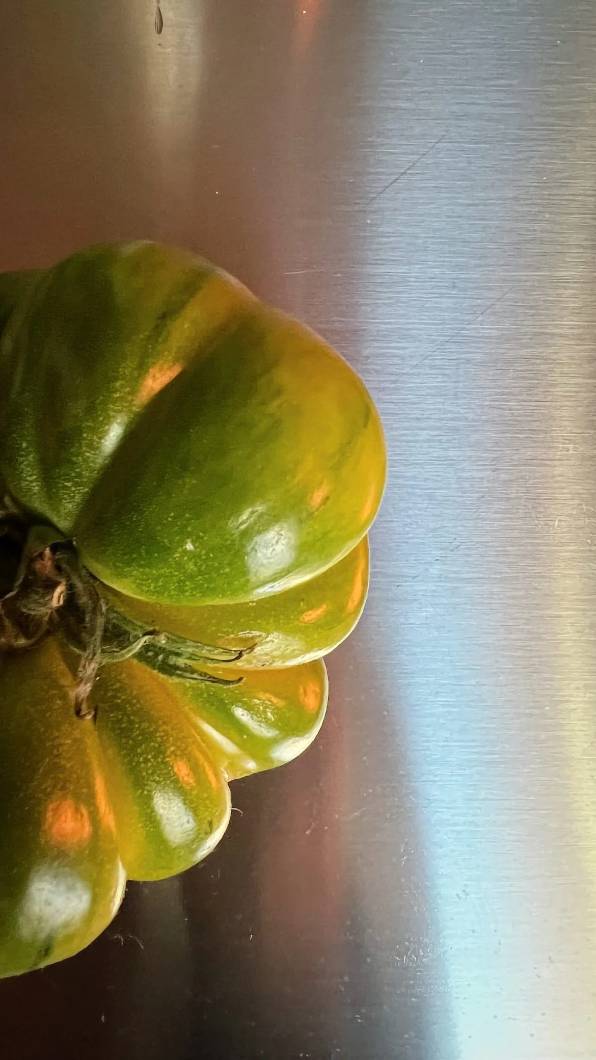 Close-up image of green and orange pumpkins on a dark surface.