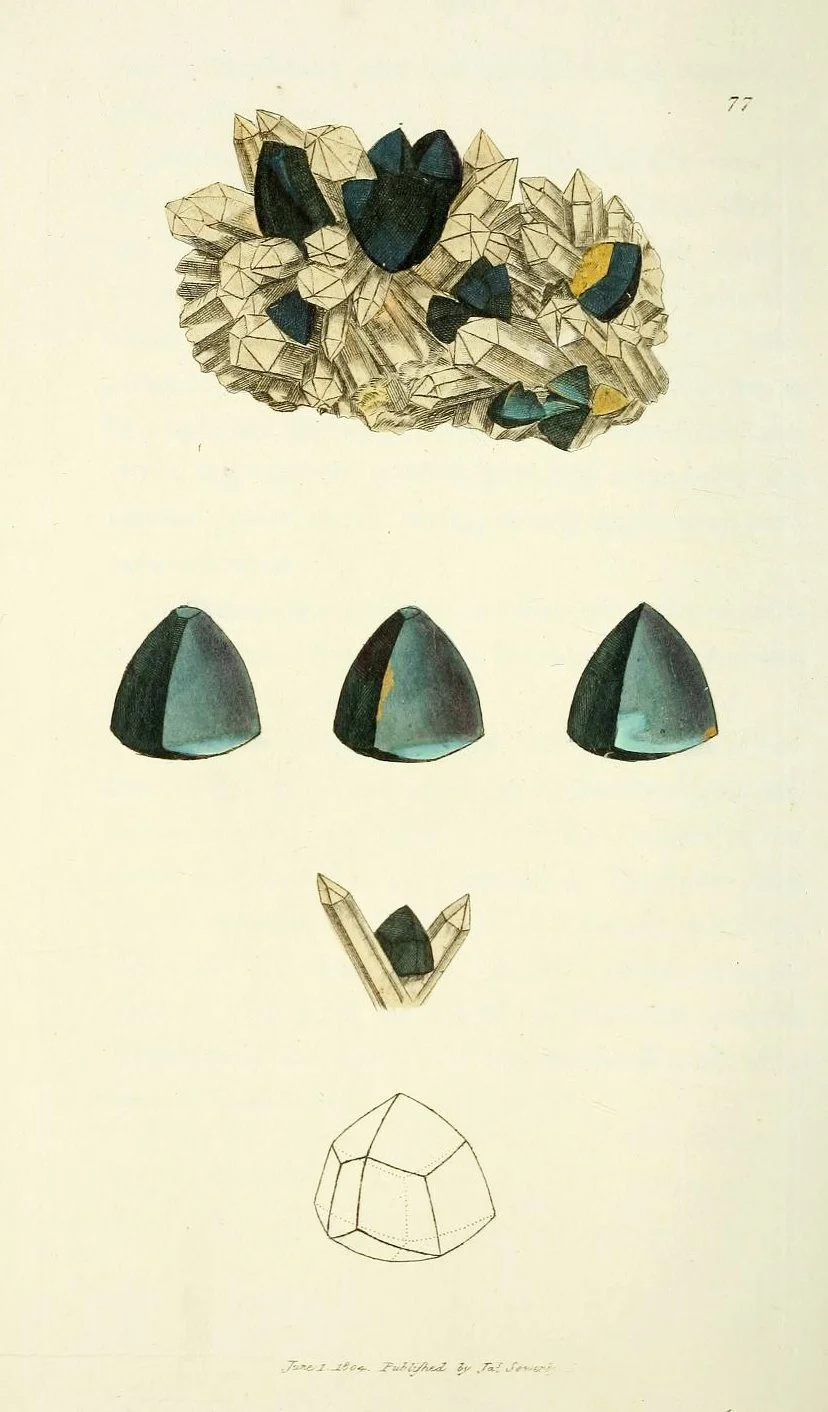 Sketch of a geological sample with crystalline and mineral formations, including colored crystals and geometric line drawings.