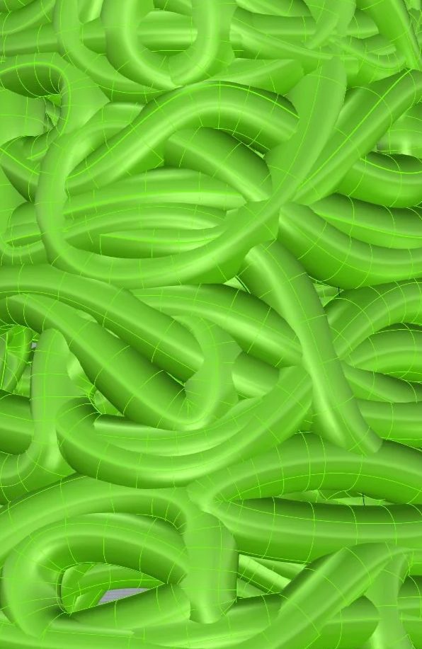 A jumble of green, tubular, transparent pipes intertwined chaotically.