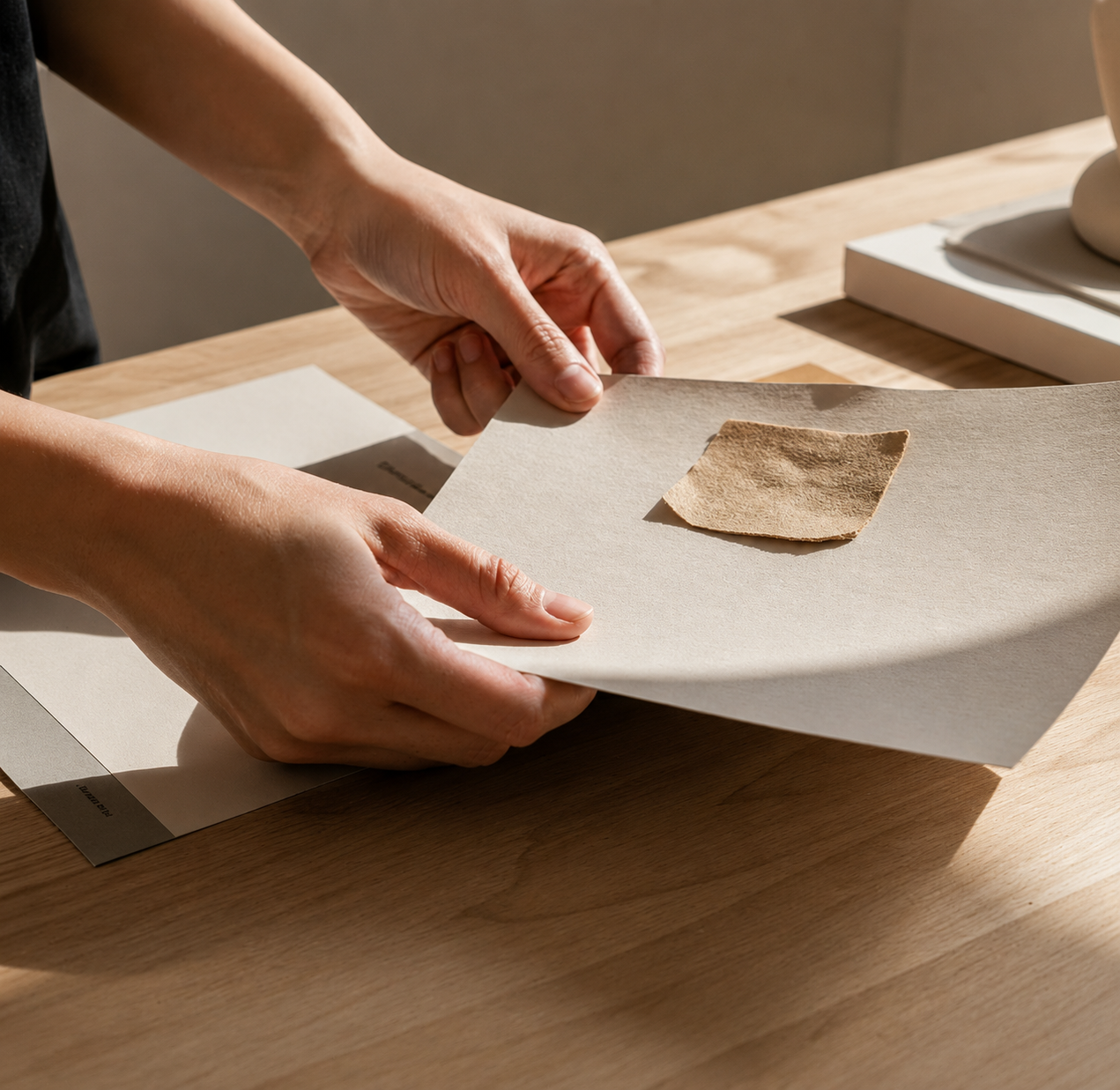 Manos colocando una hoja de papel sobre una superficie de mesa de madera con una pieza de tela frente a ella.