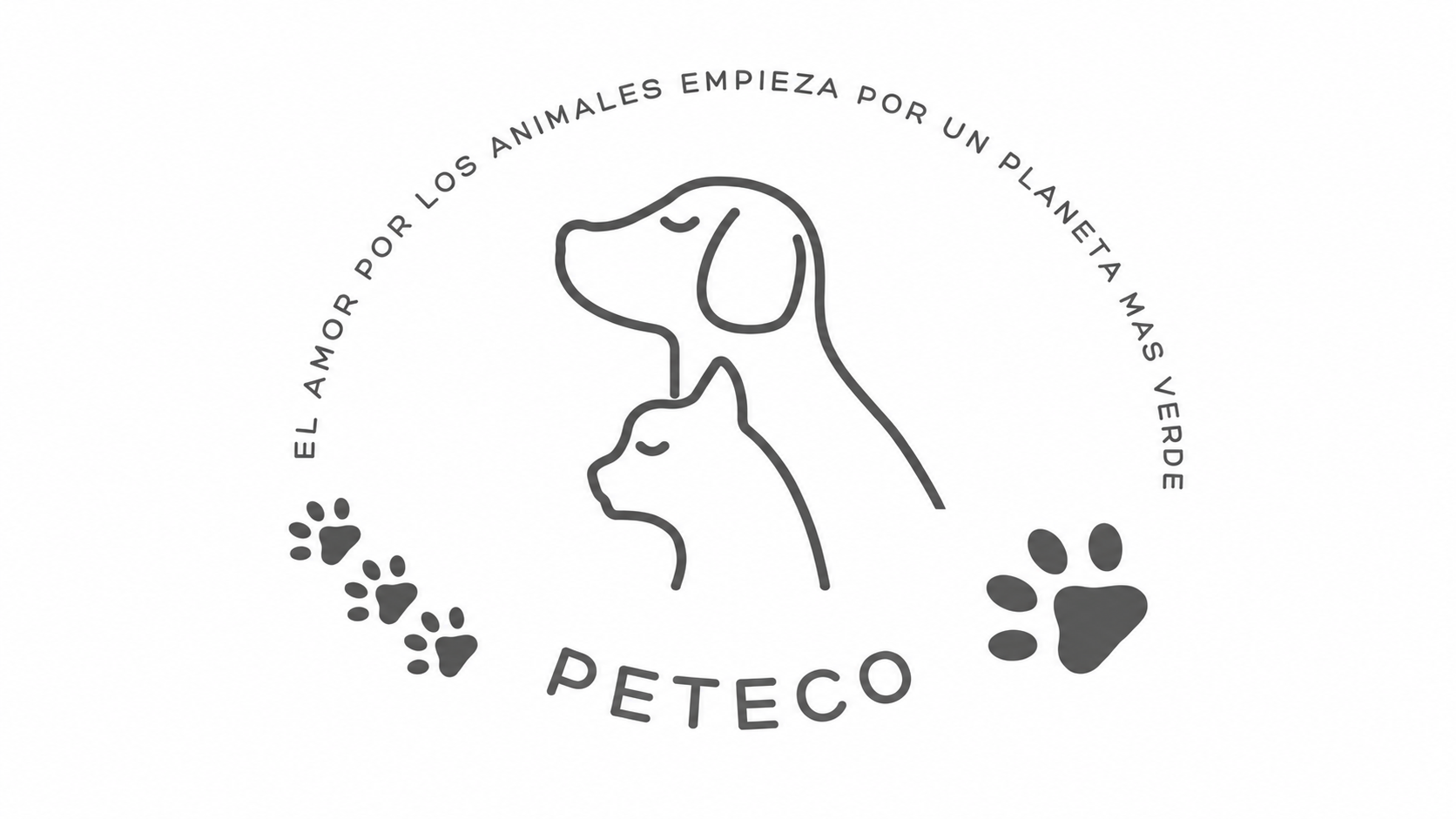 Logotipo de una organización de protección animal con la palabra 'PETECO'. Incluye ilustraciones lineales de un perro y un gato con los ojos cerrados, rodeados por un círculo de texto que dice 'El amor por los animales empieza por un planeta más verde'. Hay huellas de patas en la parte inferior del logotipo.