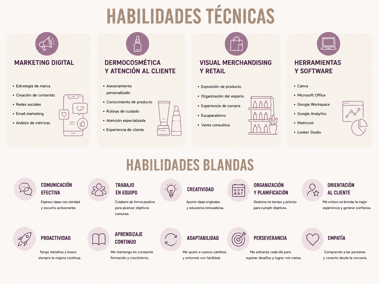 Infografía con habilidades técnicas y blandas, categorías y descripciones en español.