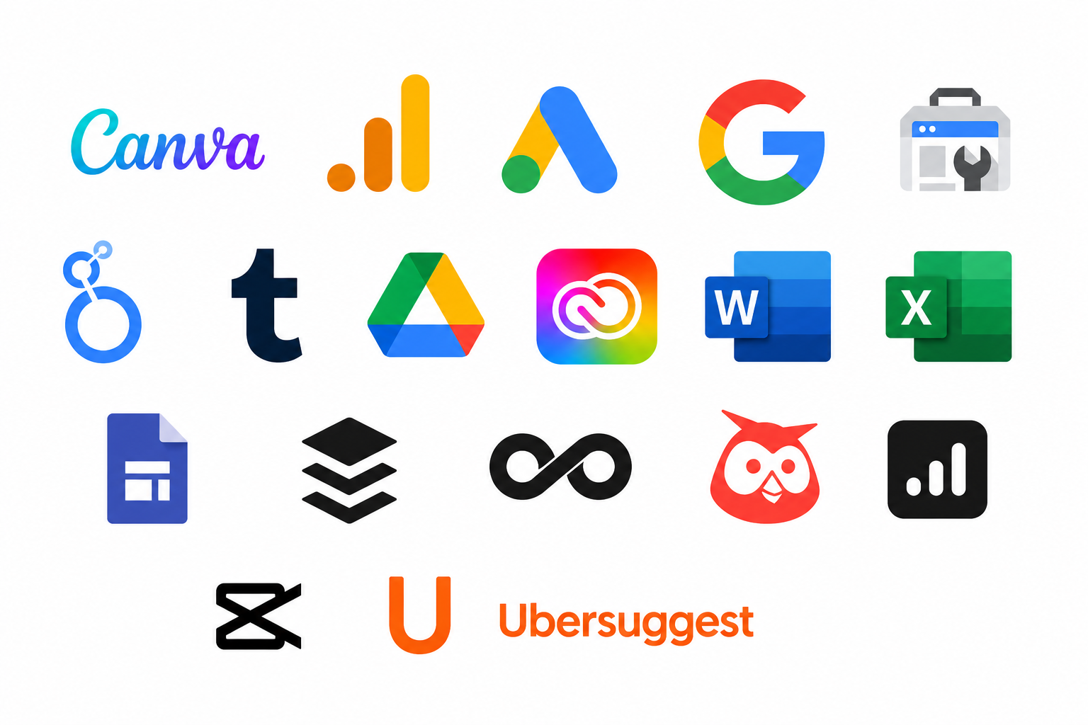 Colección de logotipos de diversas plataformas y aplicaciones digitales, incluyendo Canva, Google Analytics, Google, Google Search Console, Google Tag Manager, Google Drive, Adobe Creative Cloud, Adobe Photoshop, Microsoft Word, Microsoft Excel, Google Docs, Buffer, Unsplash, Miro, Notion, Trello, Slack, Google Sheets, y UberSuggest.