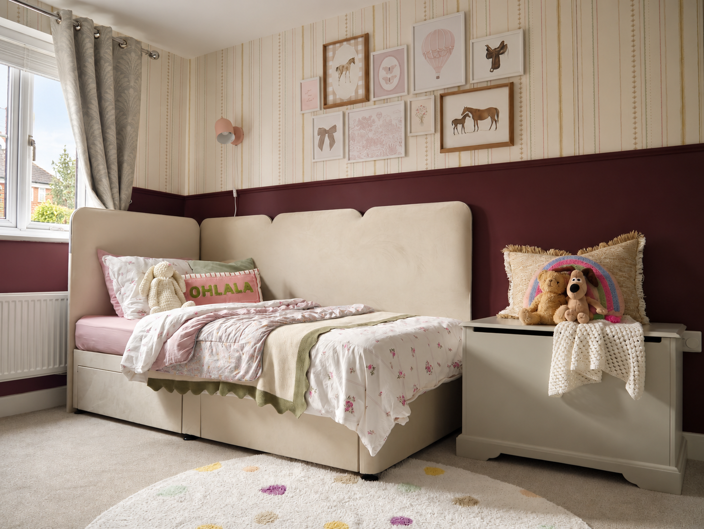 Girl's Room, dark walls, picture rail and artwork