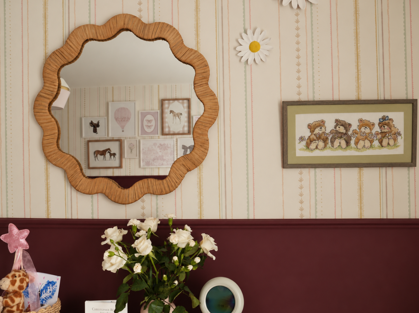 rattan mirror with hand stitched artwork