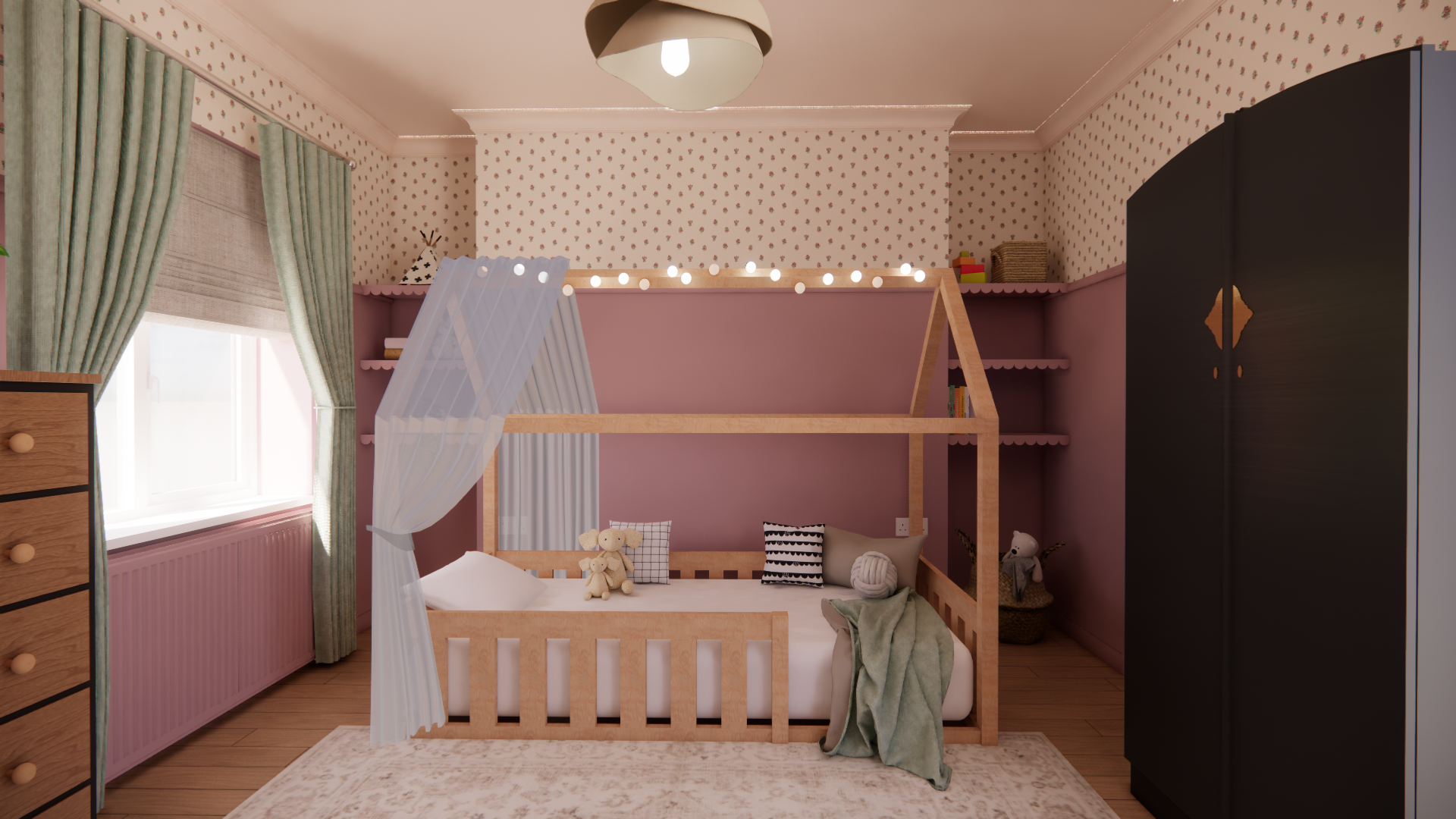 Children's bedroom with a wooden house-shaped bed, stuffed animals, black and white pillows, pink walls with floral wallpaper, green curtains, and a black wardrobe.