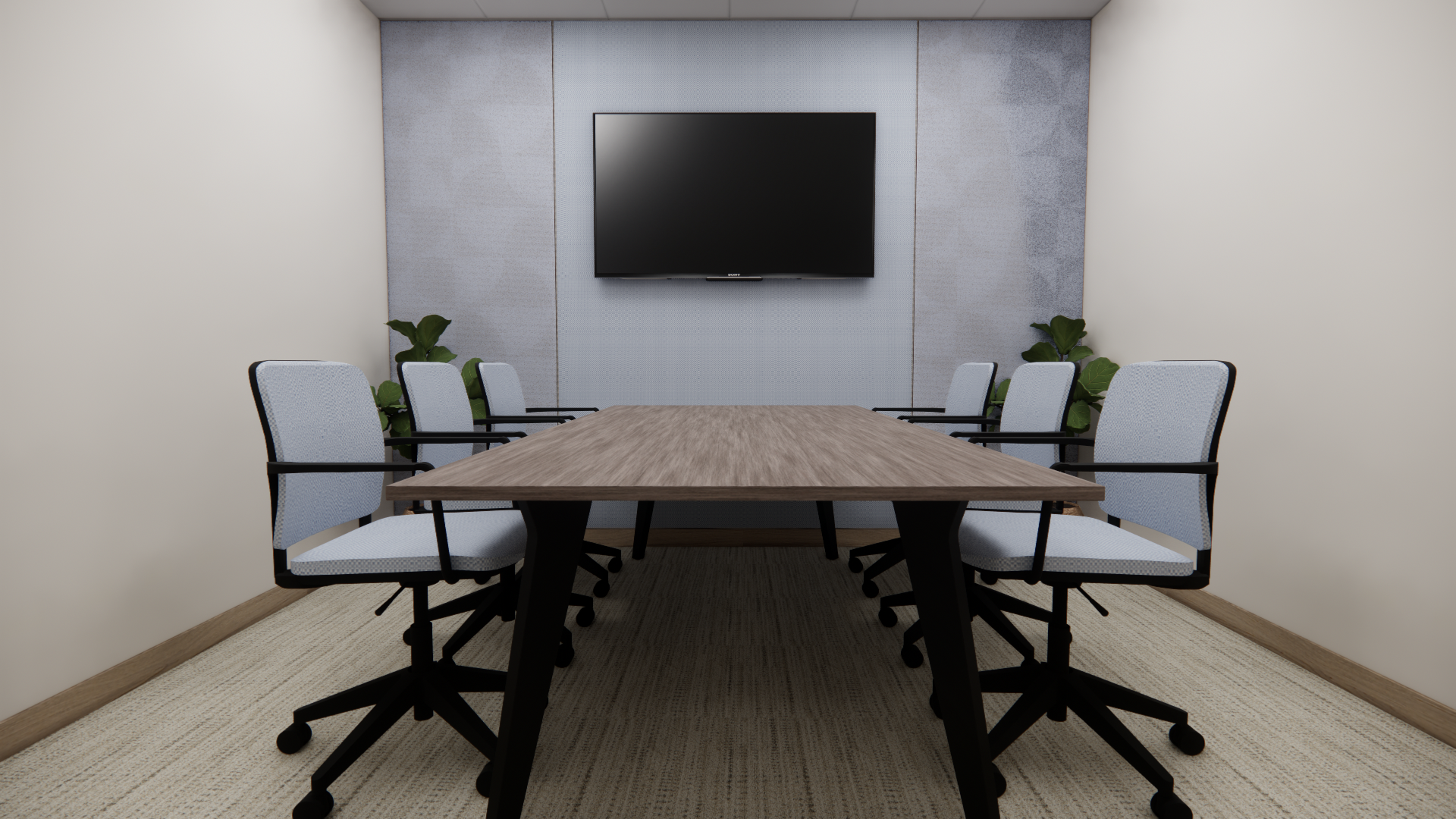 A modern conference room with a wooden table, eight white chairs, a large flat-screen TV on the wall, and green plants in the corners.