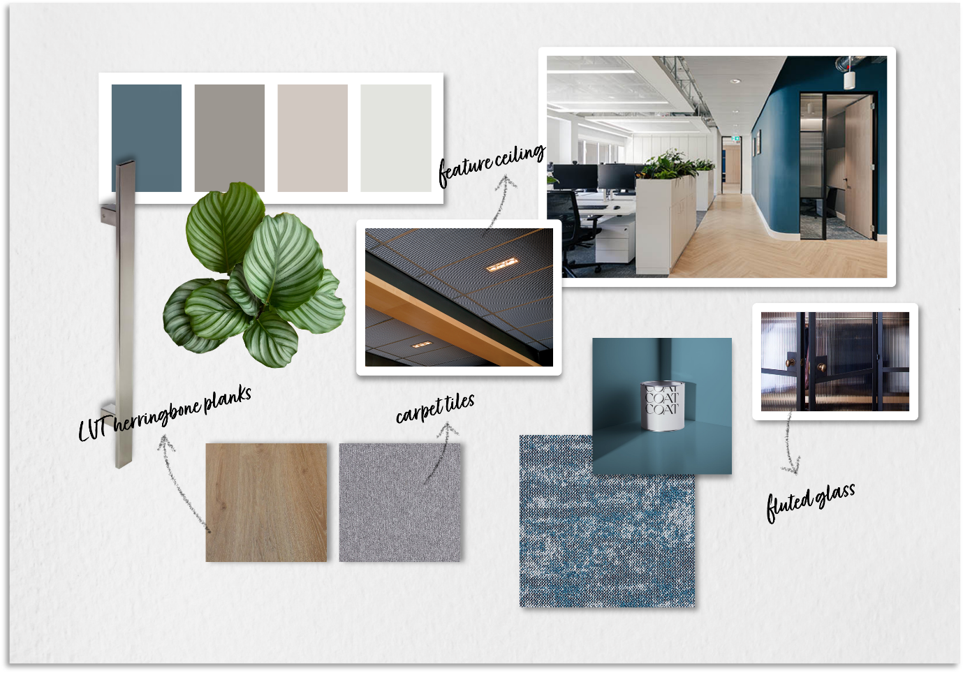 Design mood board for office interior with paint swatches, LED herringbone plants, carpet tiles, feature ceiling, fluted glass, and sample decor items.