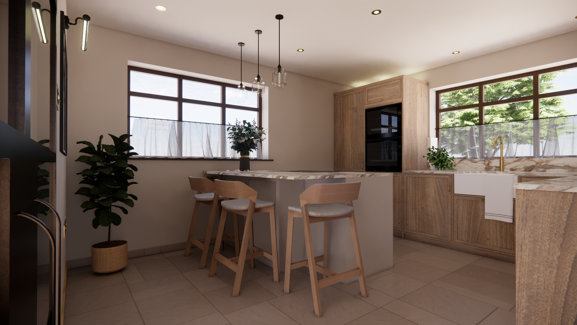 Modern kitchen with wooden cabinets, marble countertops, and large windows with greenery outside. The kitchen island has four wooden chairs, and there are plants and pendant lights hanging from the ceiling.