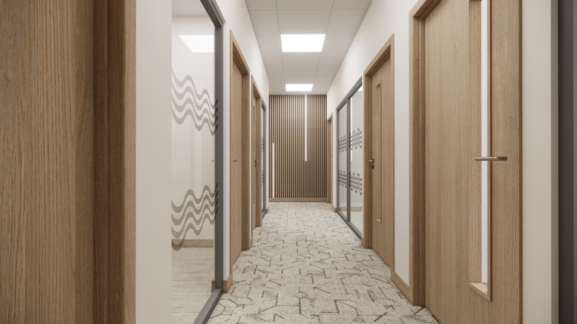 Modern office corridor with wooden doors, glass walls with wave patterns, wood slat accent wall, beige patterned carpet, and ceiling with LED panel lights.