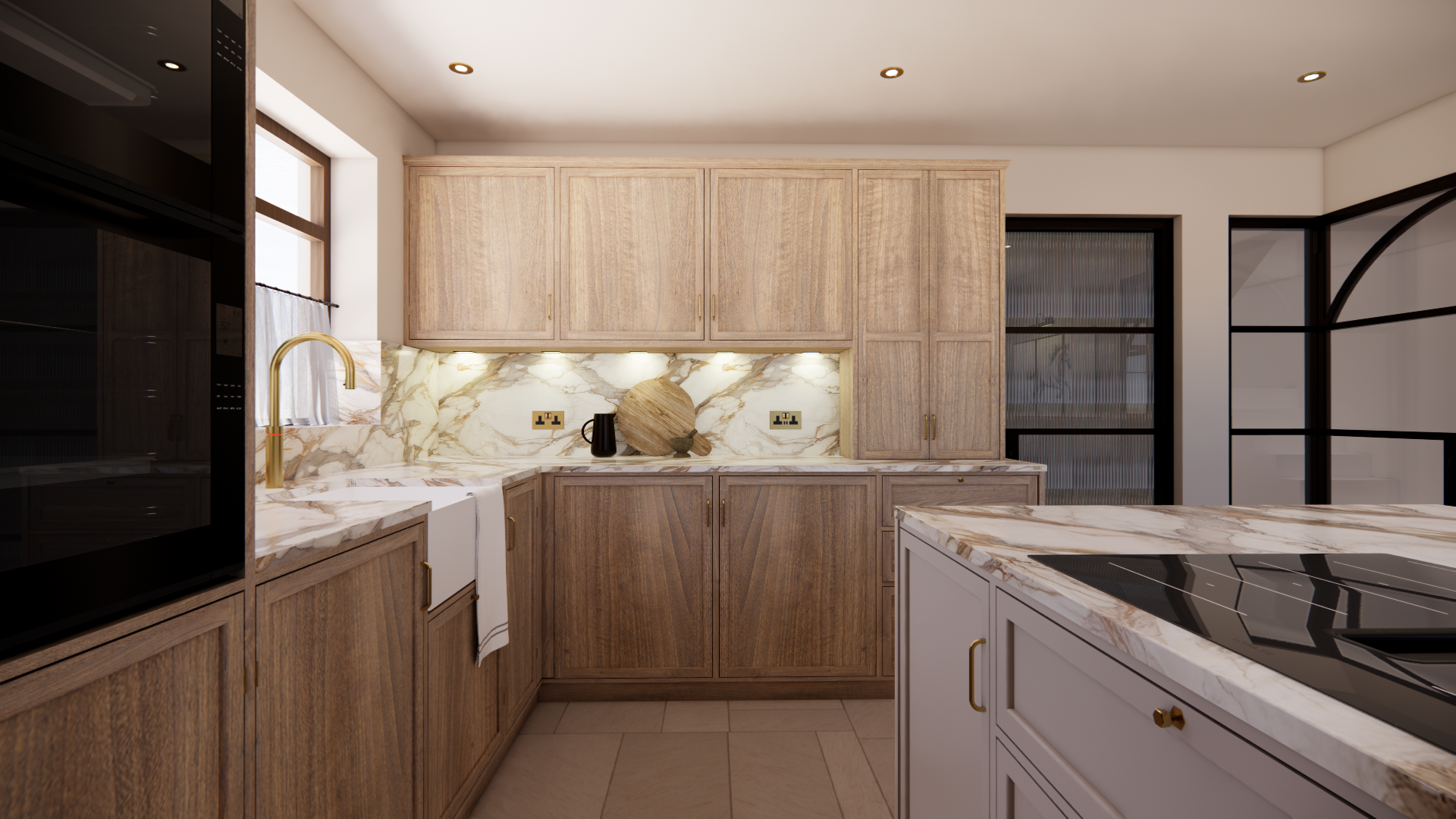 Modern kitchen with wooden cabinets, marble countertops, marble backsplash, and a black stovetop island. There is a window with a curtain, a gold faucet, and decorative objects on the counter, including a cutting board and black kettle. Recessed ceiling lights and a glass door are also visible.