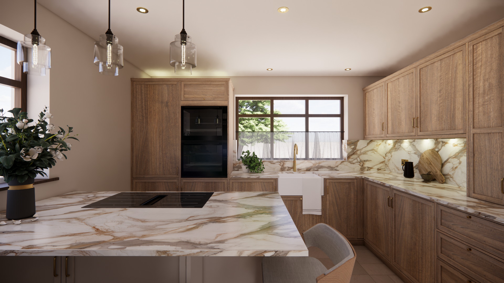 Modern kitchen with wooden cabinets, marble countertops, a central island, a window above the sink, and pendant lighting.