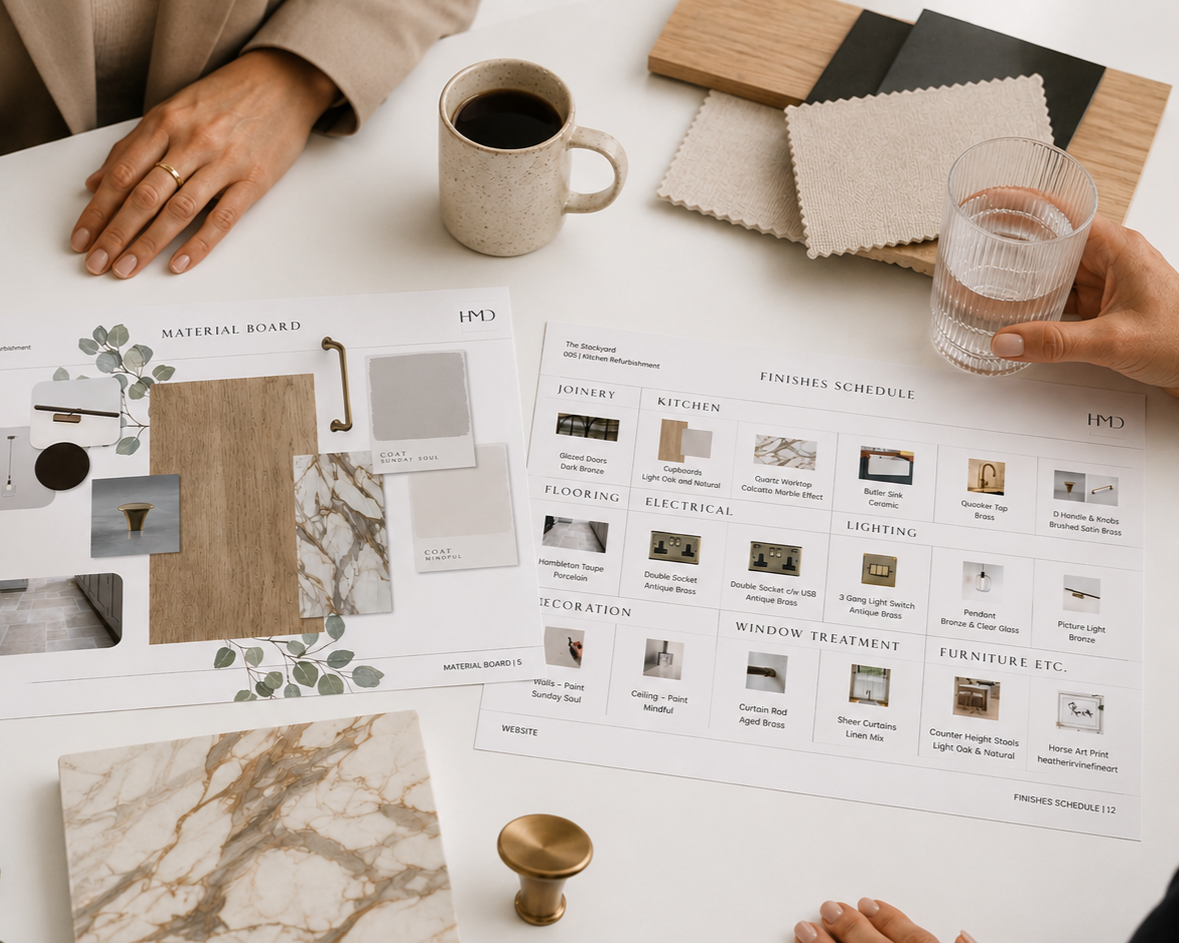 Designers reviewing material board and finishes schedule for a kitchen and bathroom renovation project, with fabric swatches, sample tiles, and color palettes on a white table.
