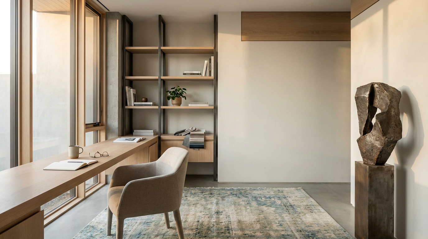 Modern office or reading nook with a large window, wooden desk, gray chair, built-in shelves with books and decor, and a sculpture on a pedestal.
