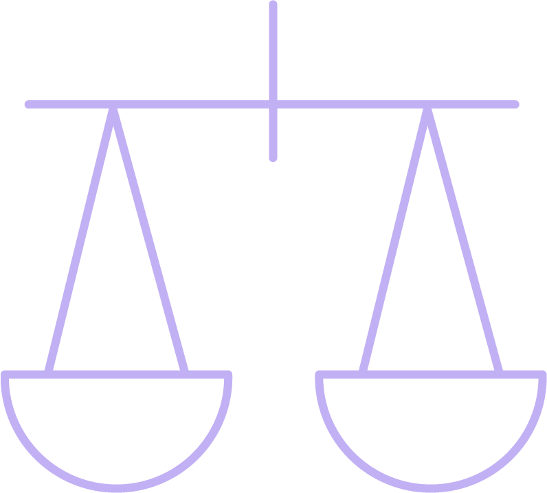 Outline of a balanced scale, with two pans hanging from a horizontal beam supported by a central pivot.