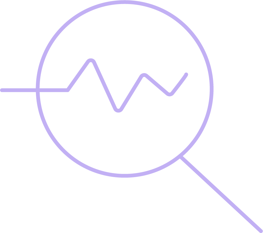 Neon outline of a magnifying glass with a line graph inside, representing data analysis or investigation.