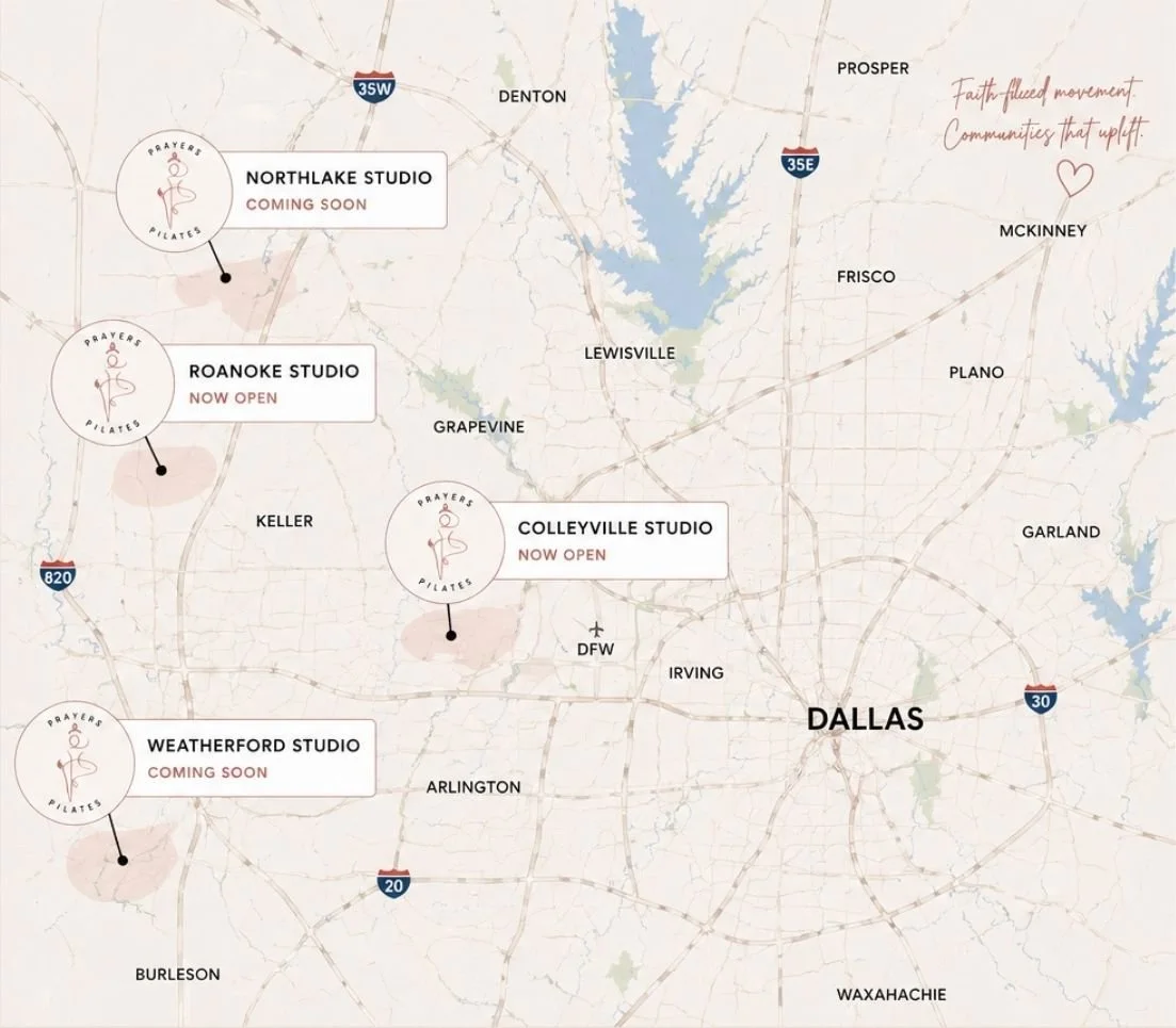 Map with the studio locations of Prayers & Pilates.