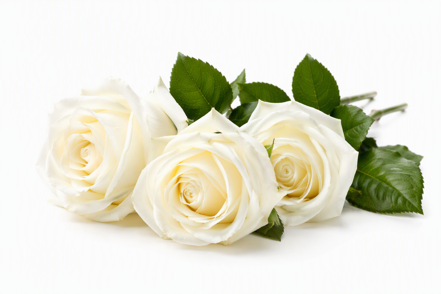 Three white roses with green leaves on a white background.