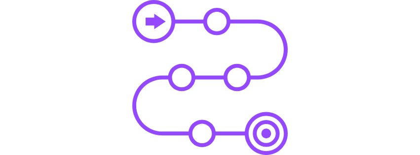 Flowchart with purple lines and circles depicting a step-by-step process, starting with an arrow pointing right.