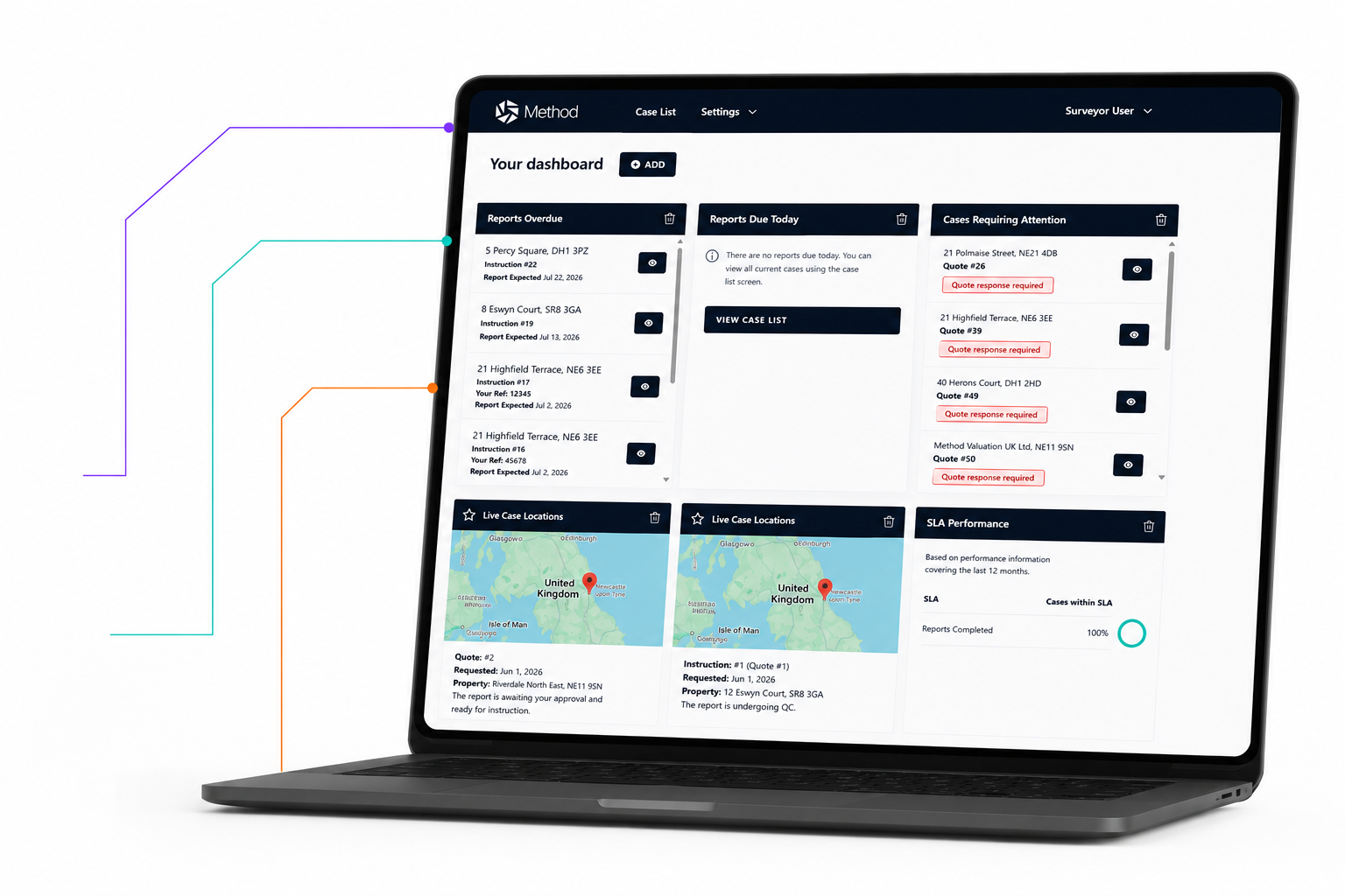 Laptop displaying a dashboard with case lists, live case locations on maps, and SLA performance metrics for a surveyor application.