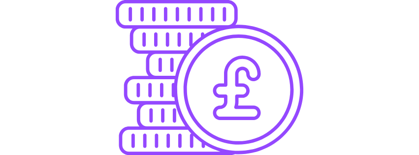Digital illustration of stacked coins with a pound symbol, outlined in purple.