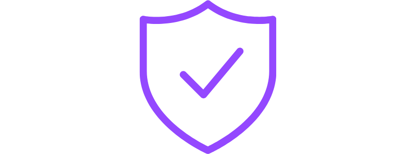 Icon of a shield with a check mark inside, outlined in purple.