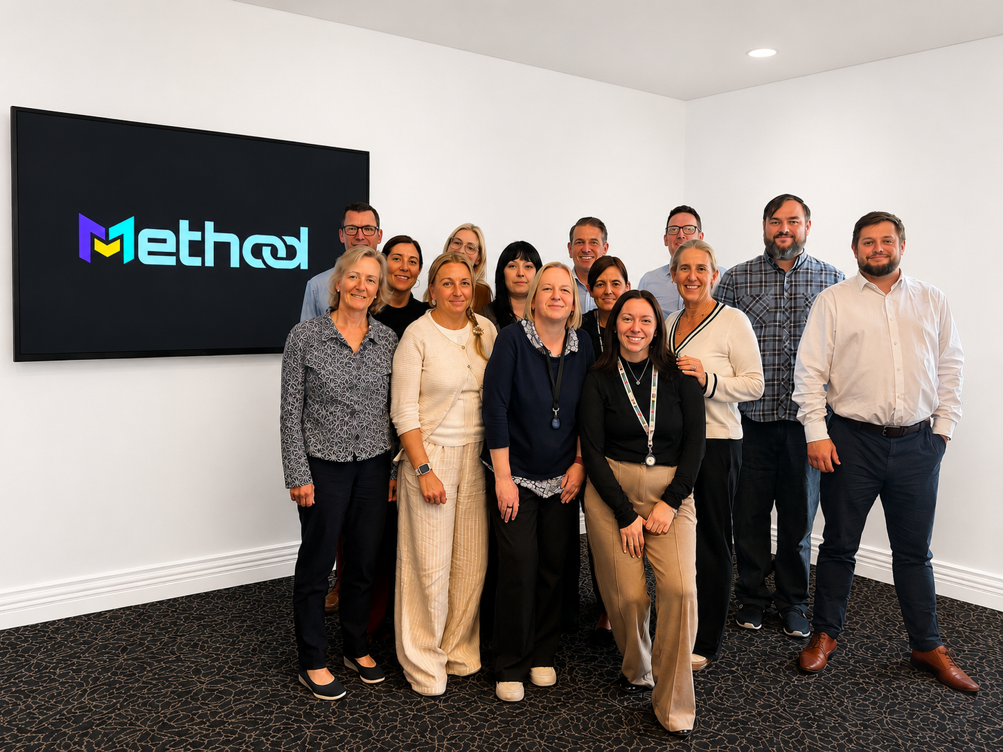 Group of 14 people standing together in a conference room, with a large screen displaying the logo 'Method' behind them.