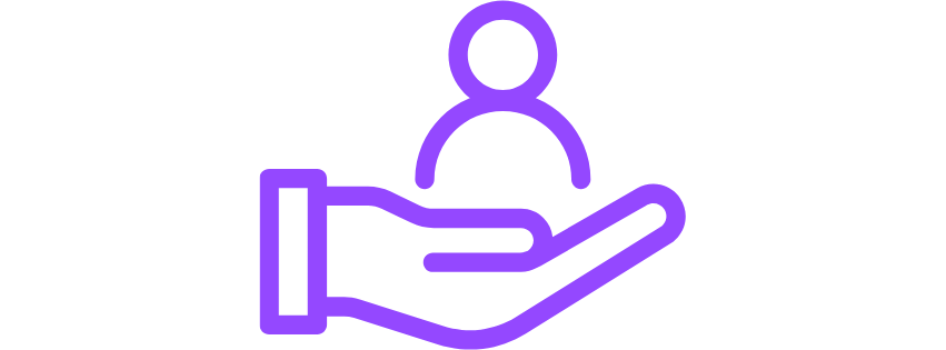 Outline of a hand holding a person icon, representing support or care.