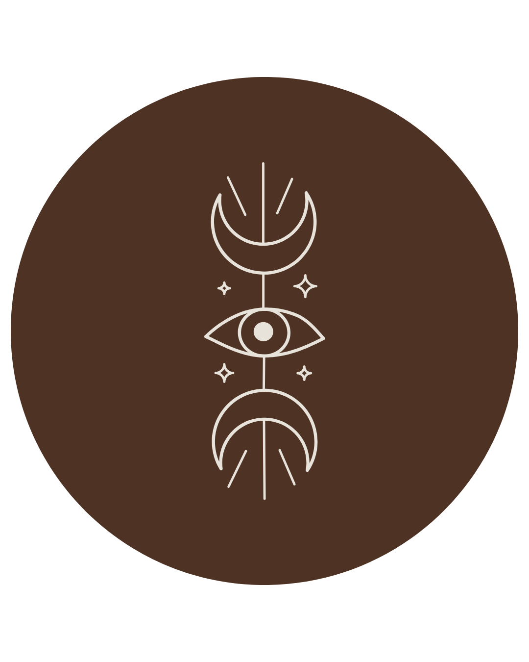Mystical illustration with an eye symbol, crescent moons, and stars in white on a dark brown circular background.