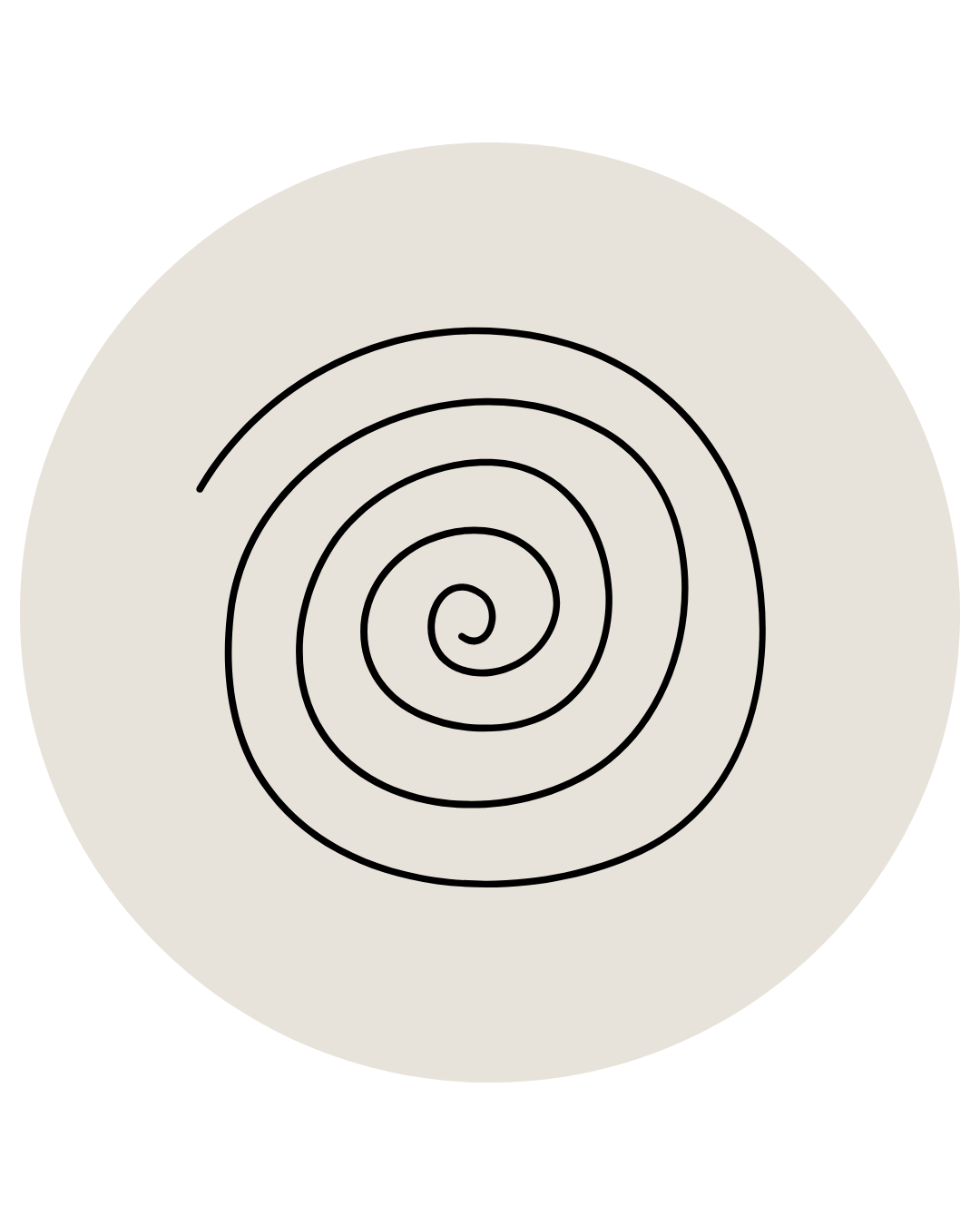 A beige background with a black spiral line pattern starting from the center and expanding outward in a circular shape.
