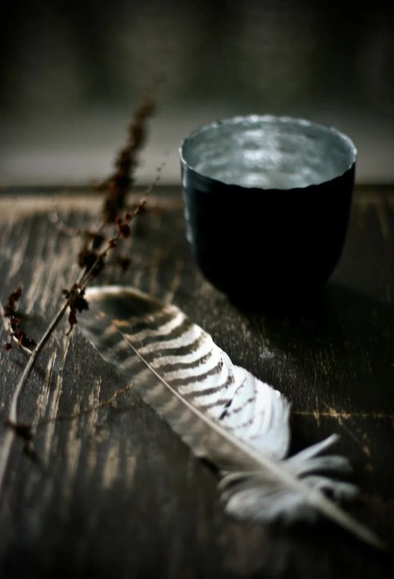 A dark-colored cup, possibly made of ceramic or metal, placed on a wooden surface. A large white feather with black stripes and some dried twigs are also on the wood. The scene has a moody, subdued lighting.