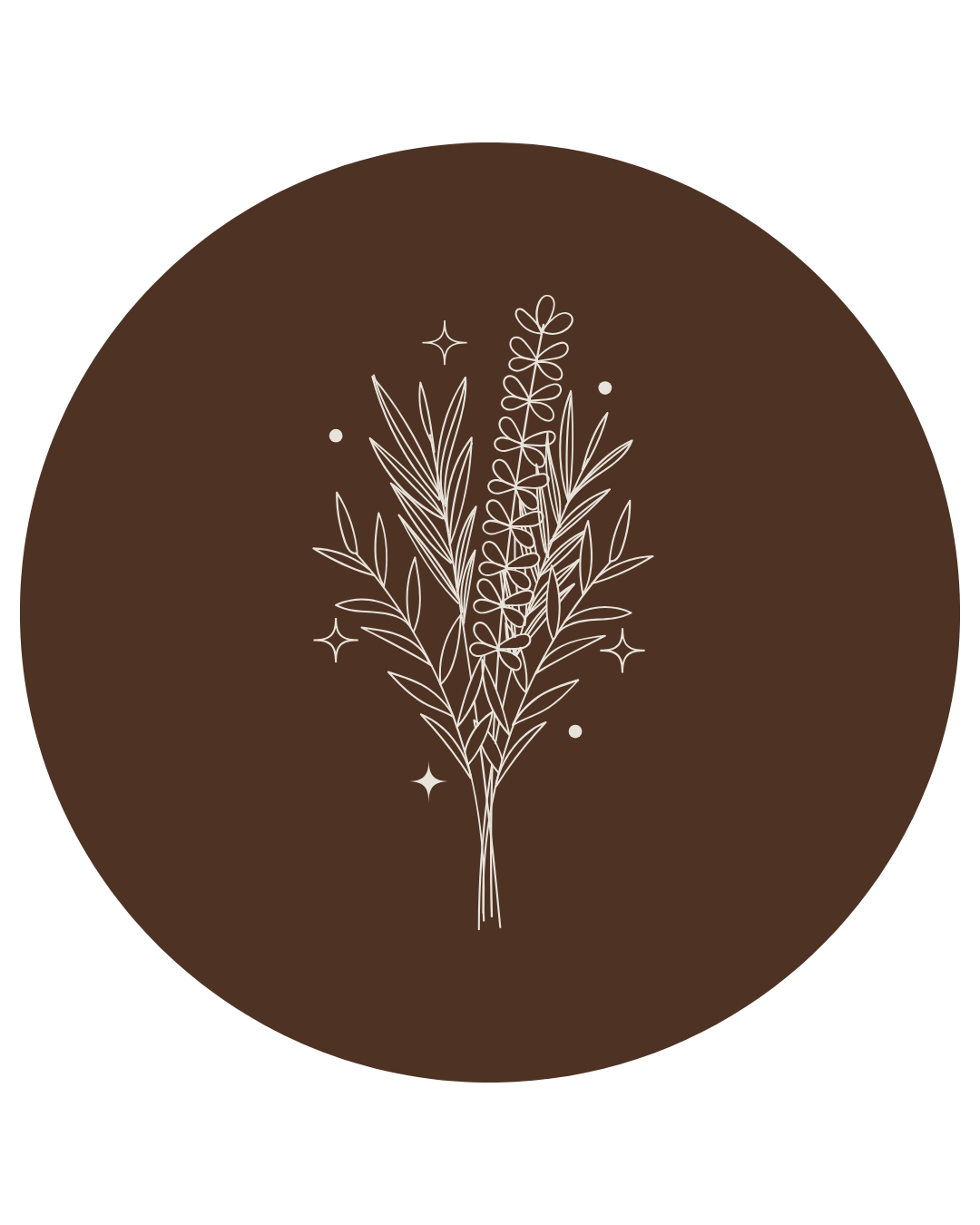 A minimalist illustration of a bouquet of herbs, including lavender, on a brown circular background.