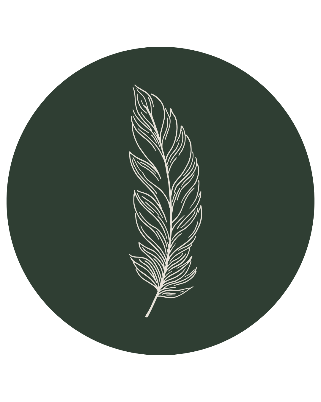 Stylized white line drawing of a feather on a dark green circular background.