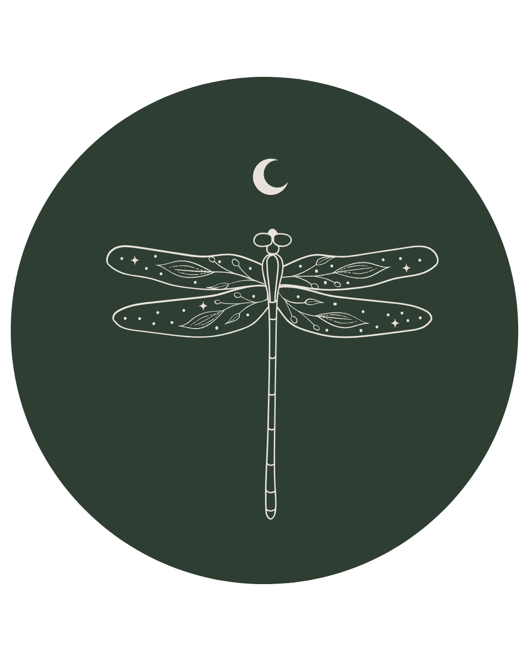 Line drawing of a dragonfly with intricate patterns on its wings, positioned below a crescent moon on a dark background.