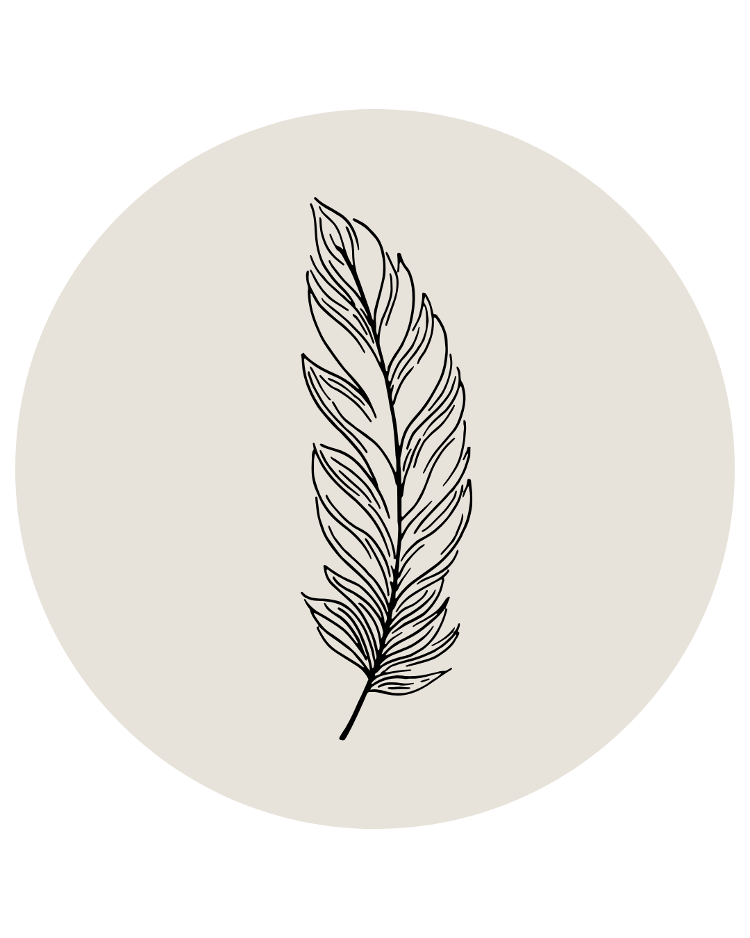 Line drawing of a single feather on a light beige circular background with a black outer border.