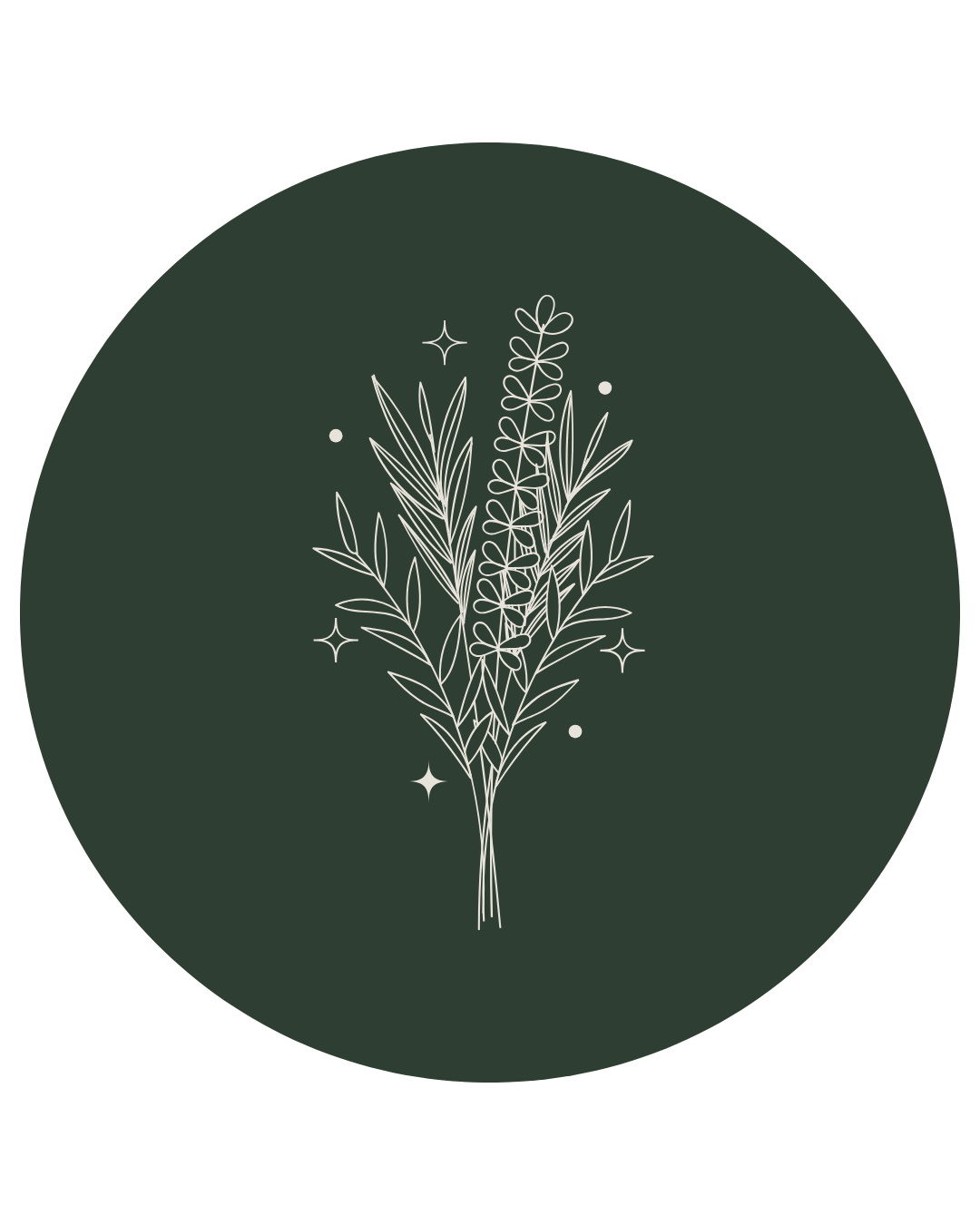 Line art illustration of a bunch of herbs with small sparkles and dots on a dark green background.