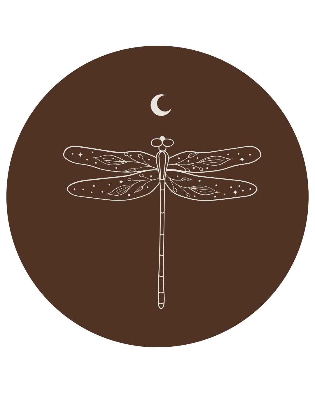 A white line drawing of a dragonfly with decorative patterns on its wings, set against a brown circular background with a small crescent moon at the top.