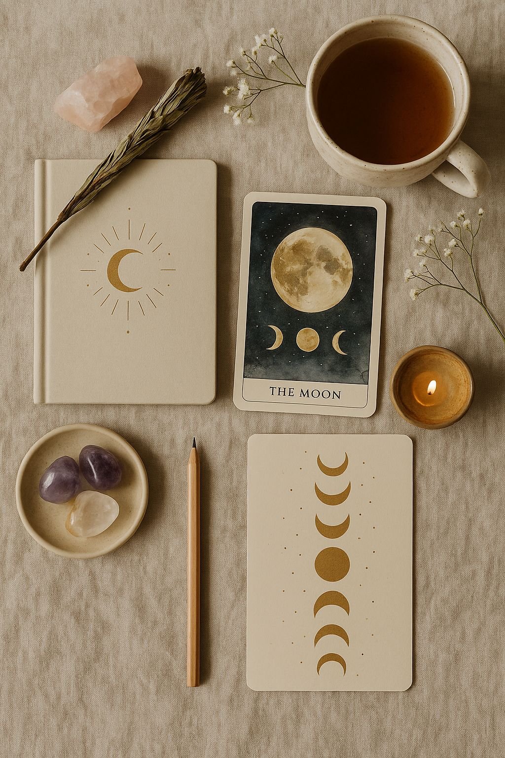A table with tarot cards, a notebook, a cup of tea, crystals, a candle, dried flowers, and a pencil, all arranged in a calming, neutral-toned setting.