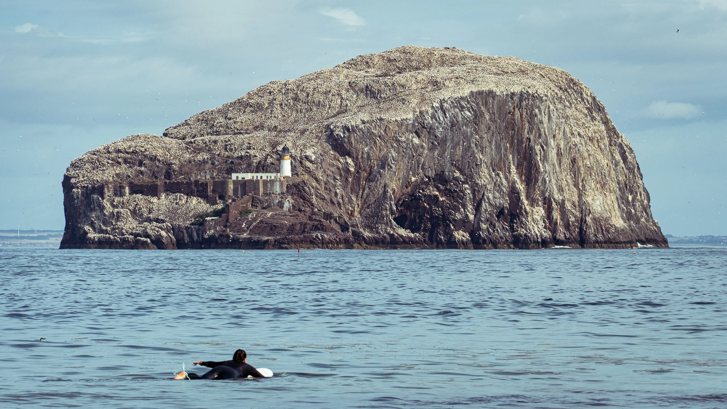 A lone surfer heads out towards the Bass Rock off the coast of East Lothian, surrounded by ocean waves, birds and a partly cloudy sky.