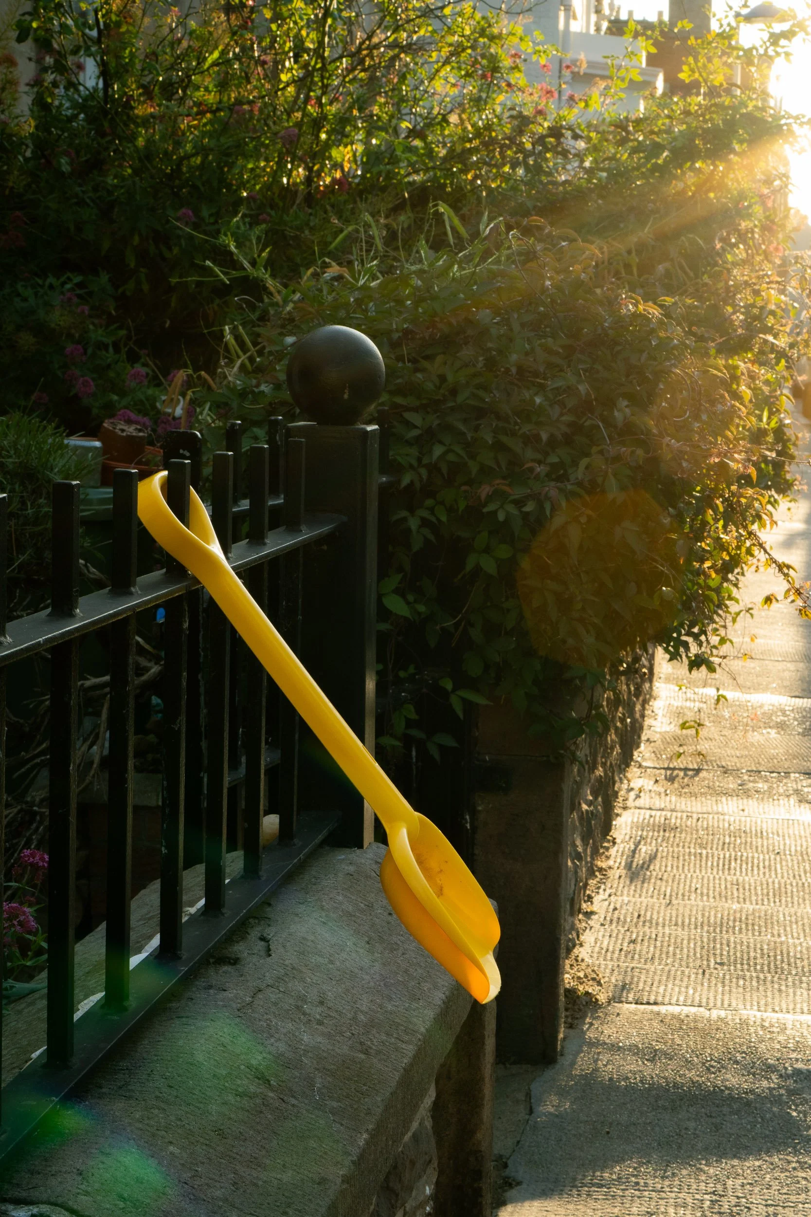 A yellow plastic shovel leaning against a black iron fence beside a stone wall covered with lush green plants and pink flowers. Sunlight filters through the foliage, creating a warm glow on the sidewalk.